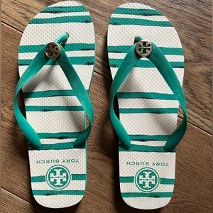 Tory Burch rubber sandals, size 9, teal and white, lightly worn